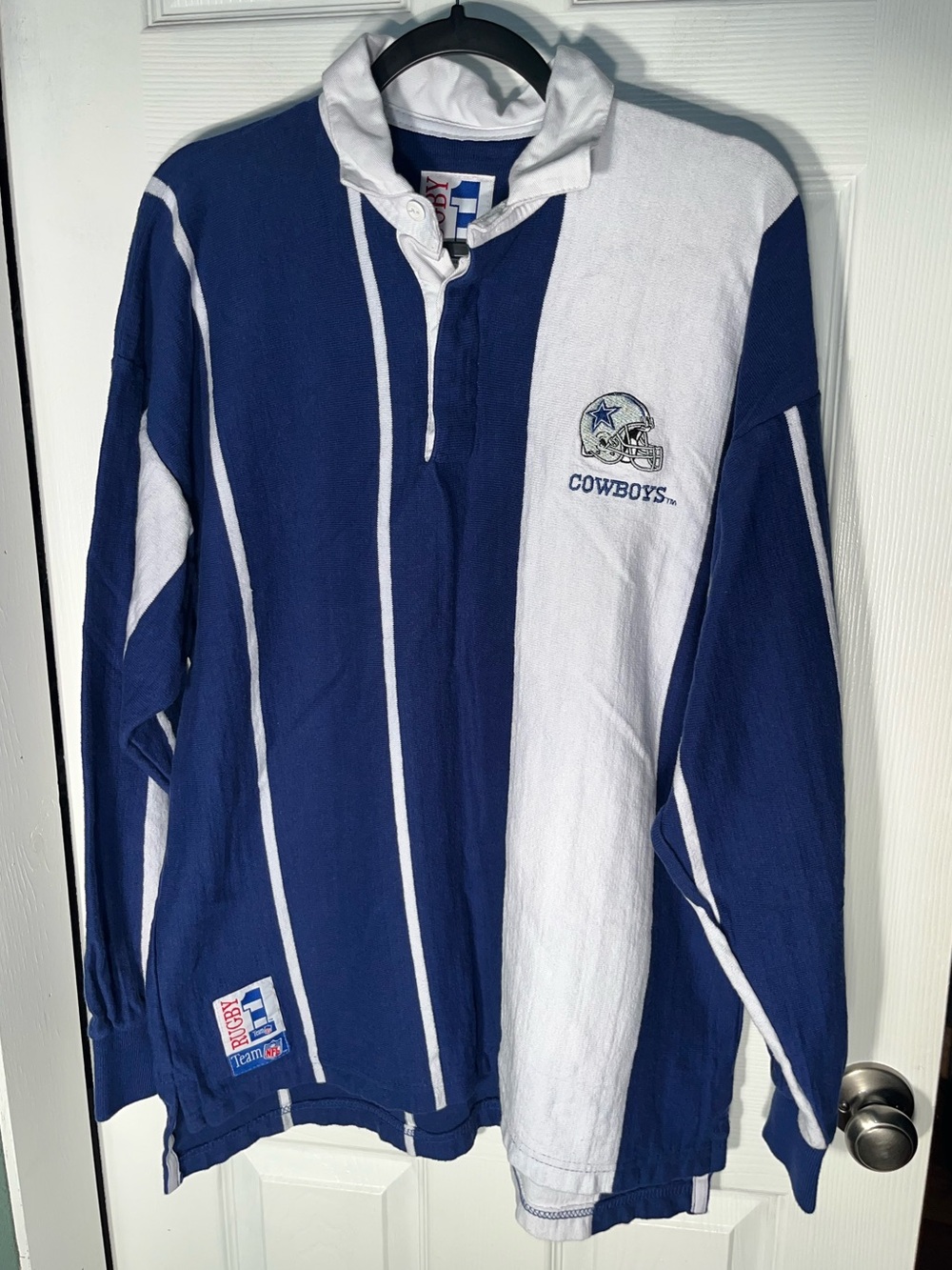 Vintage Dallas Cowboys Rugby Shirt Men’s Large Blue White Striped NFL Cotton USA